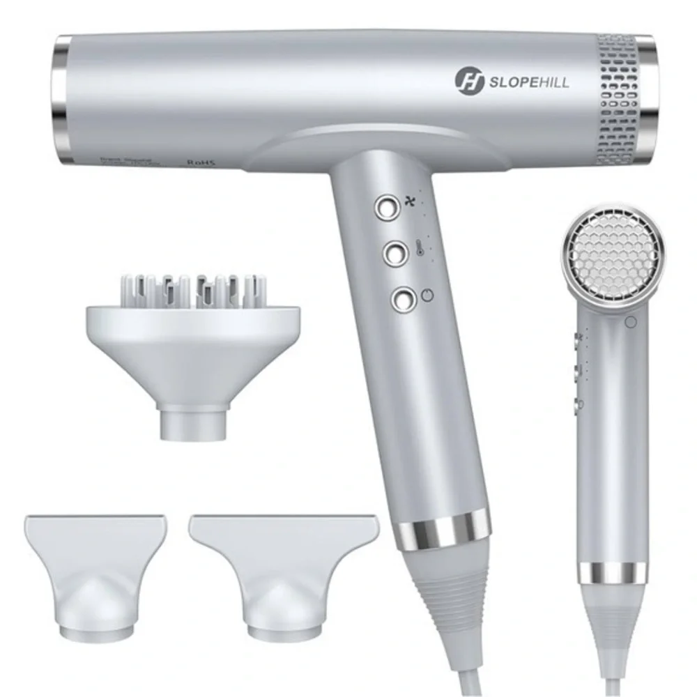 Silver Compact Low Noise 2000W Travel Hair Dryer with attachments #HB4